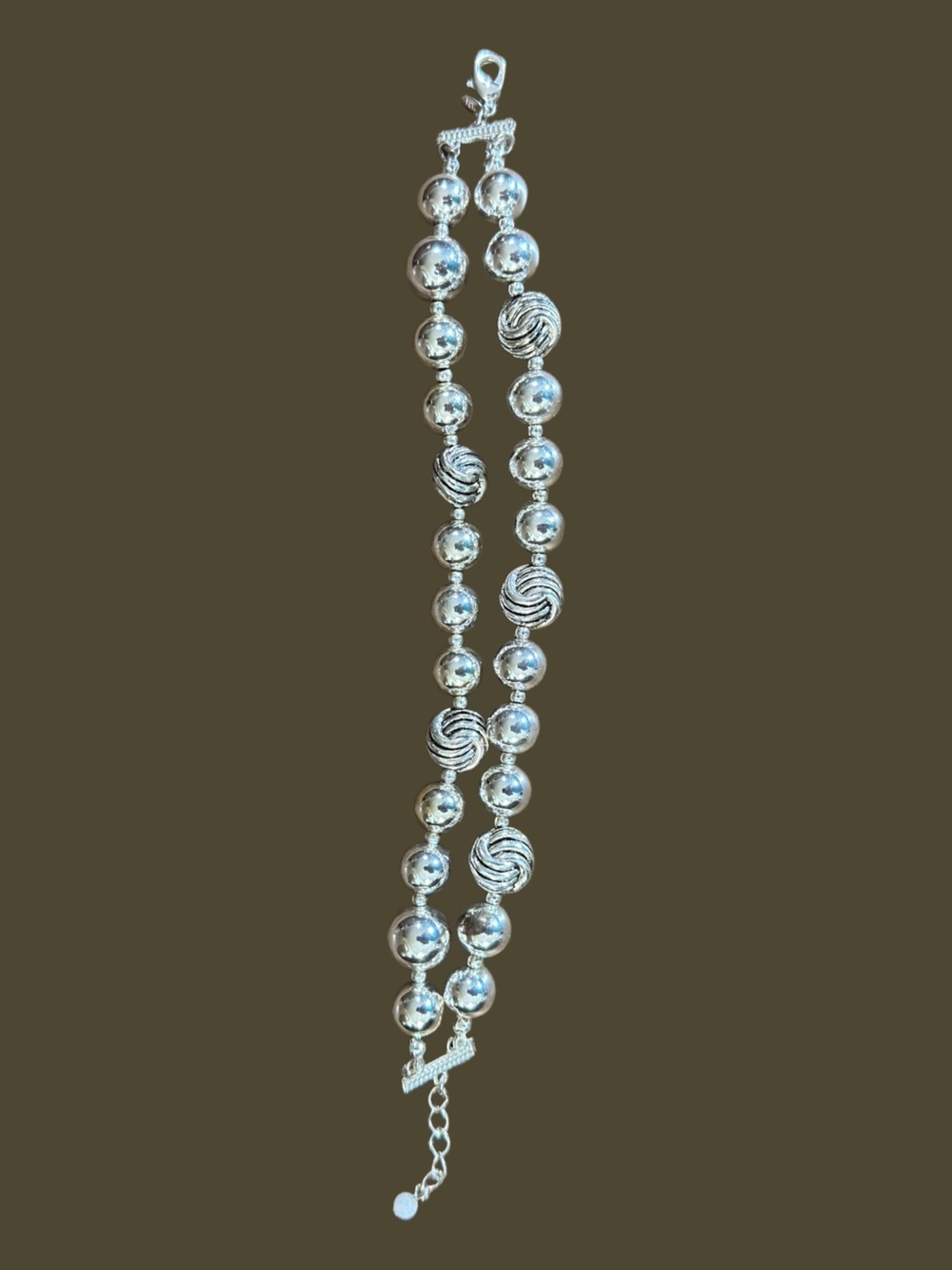 NRT Silver Tone Metal Double Strand Beaded Bracelet Swirl Accent Adjustable